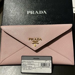 PRADA Busta Con Pattina Envelope Wallet Saffiano Leather in Mughetto